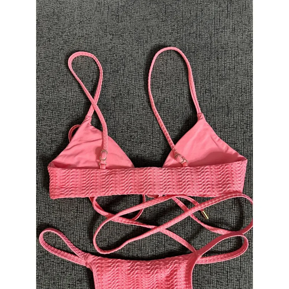 Monday Swimwear St.martin Bikini Top Bottom Set Textured in Azalea Pink size P/S